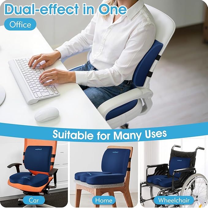 CushZone Seat Cushion, Lumbar Support Pillow with Adjustable Strap-Chair Cushions for Sciatica Pain Relief-with Washable Cover Memory Foam for Car, Travel and Wheelchair-Blue