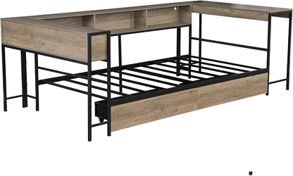 Bellemave Twin Size Corner Bed Frame with Storage Drawers, Bookcase and Side Desk, Twin Corner Bed with Light and Charging Station, Daybed for Bedroom, Living Room, Guest Room Gray