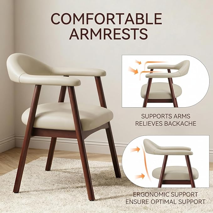 MALOL Leather Dining Chair with Armrest Set of 2, Upholstered Dining Room Chair with Curved Back and Wood Legs, Mid Century Modern Kitchen Chairs for Kitchen Dining Room,Khaki