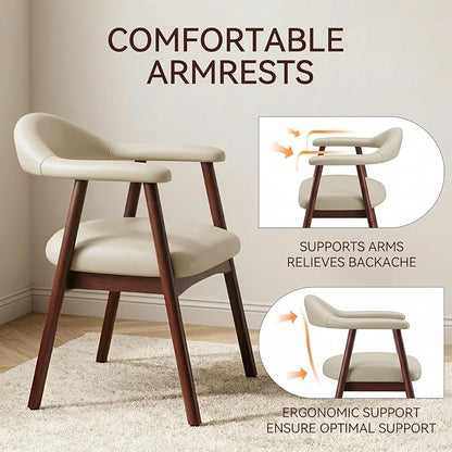 MALOL Leather Dining Chair with Armrest Set of 2, Upholstered Dining Room Chair with Curved Back and Wood Legs, Mid Century Modern Kitchen Chairs for Kitchen Dining Room,Khaki