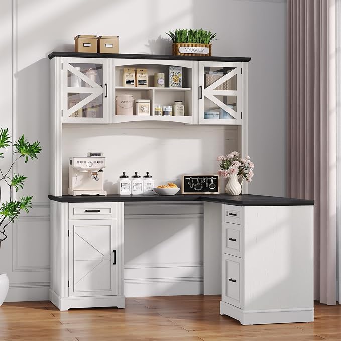 ONBRILL 72" L-Shaped Executive Desk with Hutch, Farmhouse L-Shaped Computer Desk with 4 Drawers, File Drawer and Power Outlet, Home Office Computer Desk for Living Room,Study Room (Off White& Black)