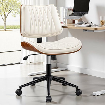 Ergonomic Armless Office Desk Chair - Mid-Century Modern White Faux Leather with Diamond Stitch, Adjustable Height Swivel Rolling Task Computer Chair with Walnut Accent for Home Office, Study & Work