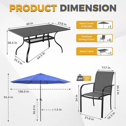 SUNCROWN 8 Pieces Outdoor Dining Set, Patio Furniture Set with 6 Textilene Dinning Chairs, 1 Rectangle Metal Table and 1 Dark Blue 9Ft Patio Umbrella for Garden Backyard Lawn Deck, Grey