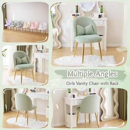 VINGLI Fluffy Girls Vanity Chair with Back & Pillow,Cute Small Cozy Desk Chair No Wheels,Comfy Makeup Ch with Ajustable Gold Legs,for Bedroom,Living Room,Small Space,Green