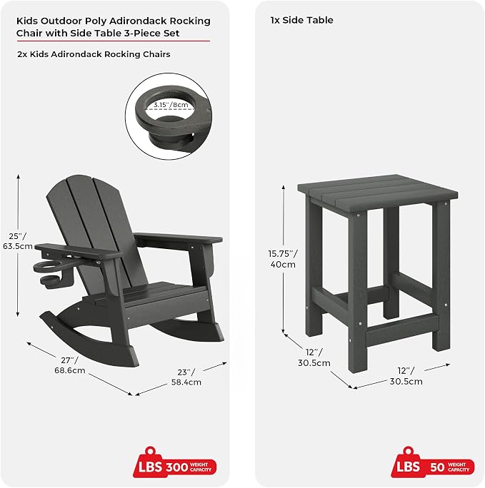Costaelm Paradise 3-Piece Kids Table and Chairs Set with Toddler Rocking Chairs and Cup Holders, Gray
