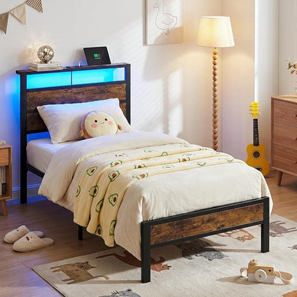 Twin Bed Frame with LED Lights & USB Charging Station, Brown Metal Platform Bed with Storage Headboard, Under-Bed Space, Noise-Free & Sturdy, No Box Spring Needed, Easy Assembly