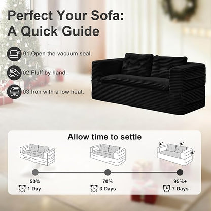 80'' Futon Sofa Bed, King Size Foldable Sleeper Sofa, Corduroy Boneless Loveseat Couch with Chaise Lounge, 3 Pillows, Blanket, Upholstered Sectional Couches for Living Room, Bedroom, Black