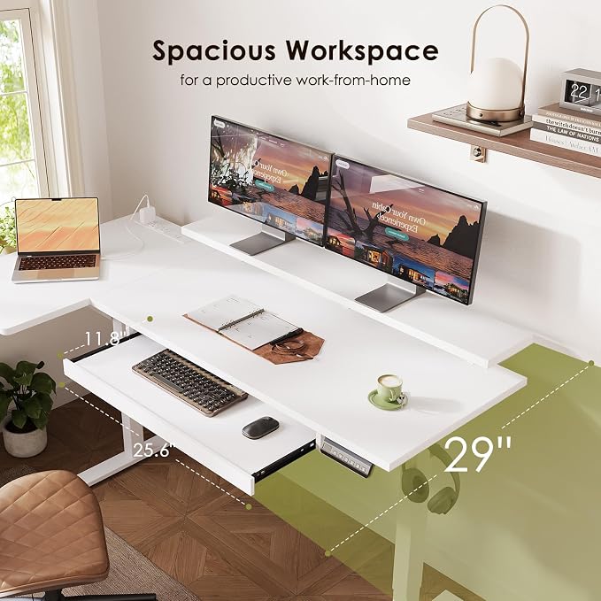 OffiGo 63 Inch L Shaped Electric Standing Desk with Keyboard Tray, Reversible Height Adjustable Corner Computer Desk with Monitor Stand, Sit Stand Up Lift Table for Home, Office, White