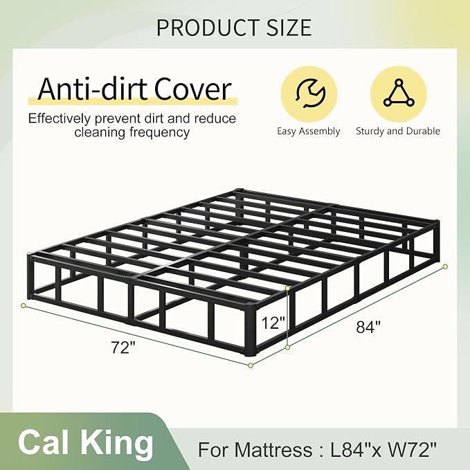 Lutown-Teen 12 Inch California King Box Spring High Profile, Heavy Duty Metal Cali King Box Spring Bed Base with Fabric Cover, Mattress Foundation, Noise Free, Easy Assembly
