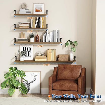 Harwaya Large Floating Shelves for Wall 48 Inches Long Set of 3, Rustic Wood Wall Bookshelf for Living Room Bedroom Books, Heavy Duty Hanging Storage Shelf for Laundry Room (Dark Brown)