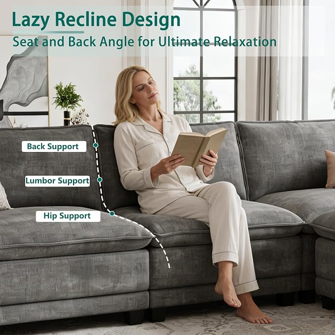 Modern U Shaped Sofa Couches for Living Room, Modular Sectional Cloud Couch with Movable Ottoman, Comfy Chenille Sofa for Apartment and Small Space, Dark Gray