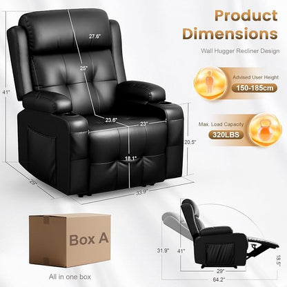 Recliner Sofa Set, Home Theater Seating with Massage, Loveseat Recliner Couch and Recliner Single Chair with USB, Wall Hugger Reclining Movie Theater Chair with Cup Holders, Drawer for Gaming Room