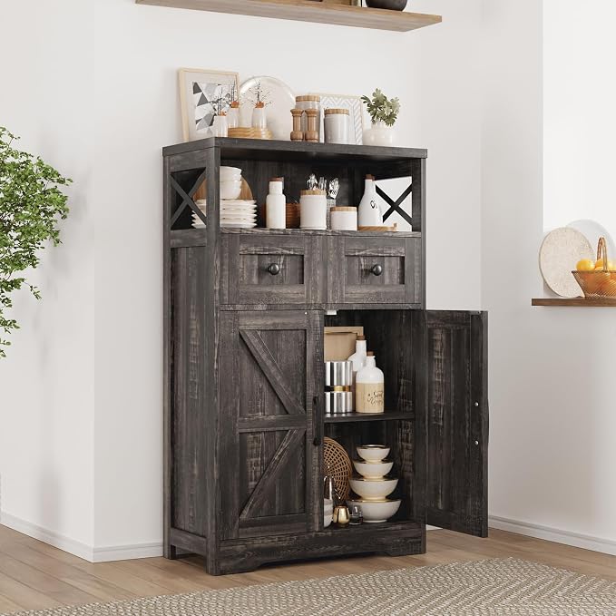 Befrases Farmhouse Storage Cabinet with Drawers and Shelf, Freestanding Kitchen Pantry Storage Cabinet, Floor Hutch Cupboard for Kitchen, Living Room, Home Office, Dark Rustic Oak