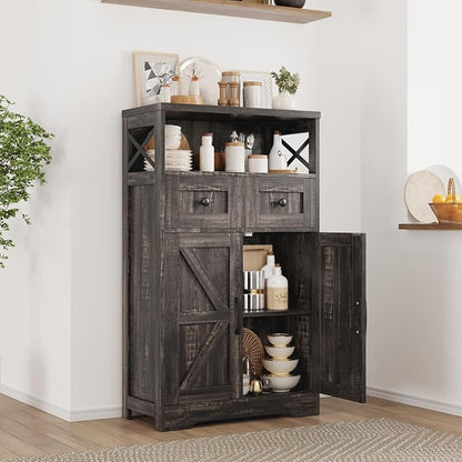 Befrases Farmhouse Storage Cabinet with Drawers and Shelf, Freestanding Kitchen Pantry Storage Cabinet, Floor Hutch Cupboard for Kitchen, Living Room, Home Office, Dark Rustic Oak