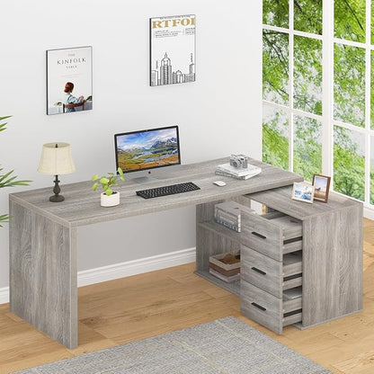 HSH L Shaped Office Desk with Drawers, Reversible Corner Wood Computer Desk Gray, Large L Shaped Desk with Storage Cabinet Shelves for Executive Writing Study, Modern Bedroom Table Grey Oak, 60 Inch