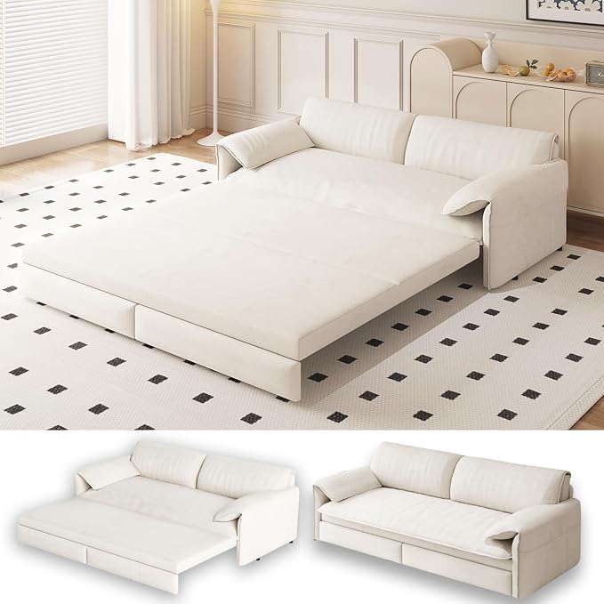 66" Sofa Bed Queen Size, Pull Out Couch Bed, 3-in-1 Convertible Sleeper Sofa with Side Pocket, Modern Velvet Futon Couch for Living Room, Small Space, Apartment, Bedroom, Beige
