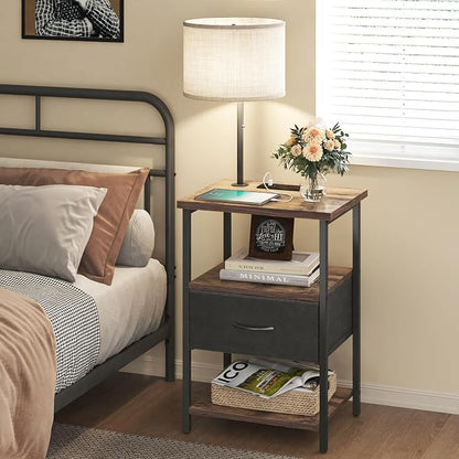 Fixwal Nightstand with Lights Bedside Table with 3 Color Temperatures Bulb, Night Stand with Charging Station End Table with Adjustable Fabric Drawer for Bedroom Dorm