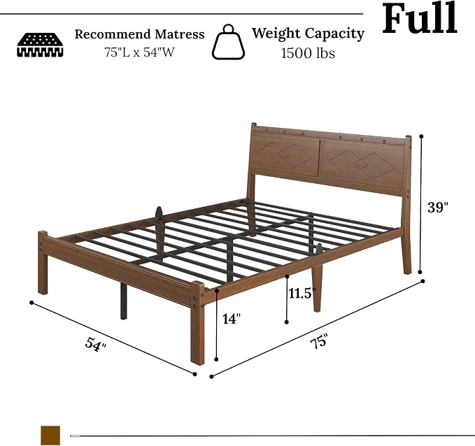 Askeld 14 inch Bamboo Full Bed Frame with Headboard, Light Cottagecore Solid Wood Platform Bed No Box Spring Needed, Easy Assembly, Noise Free, Light Walnut Color