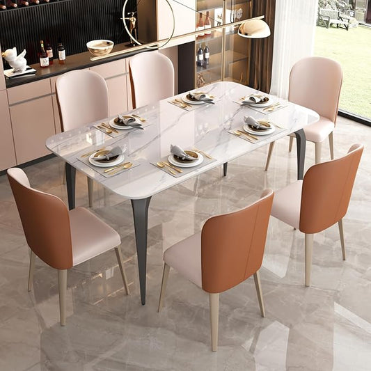 59" White Glossy Rectangular Sintered Stone Dining Table With Metal Legs | Heat, scratch and stain resistant tabletop, Silent Floor Pads, for small spaces like kitchens