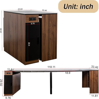 Transforming Table Extender for Dining Table, Pull Out Table, Transformer Console with Storage & Built-in Outlet, Folding Dining Table for 12, Walnut Black