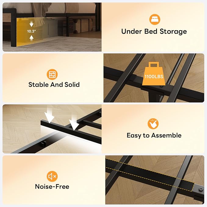LIKIMIO Full Bed Frame with Storage Headboard and LED Lights, Metal Platform Bed with Charging Station, Noise Free, No Box Spring Needed, Under Bed Storage, Natural and Cream