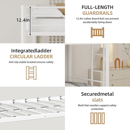 3-Way Convertible Twin over Twin Bunk Bed with Trundle, Metal Low Bunkbed for Kids Boys Girls, Guardrail & Ladders, Heavy Duty, No Box Spring Needed, Space-Saving, Easy Assembly (White, With Trundle)