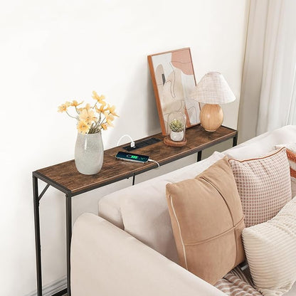 MAHANCRIS Console Table, Narrow Sofa Table, 43.7” Entrance Table with Power Station, Behind Couch Table, Simple Style, for Living Room, Hallway, Entryway, Foyer, Rustic Brown and Black CTHR112E01
