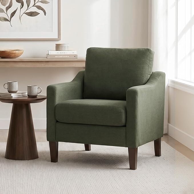VKNOW Mid-Century Accent Chair, No Tools Assembly Required, Modern Upholstered Polyester Armchair for Living Room,Comfy Reading Accent Chairs with Wood Legs for Bedroom, Green