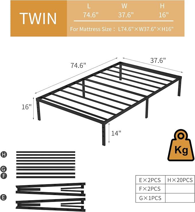 NEW JETO Metal Bed Frame,Twin Size Bed Frame with Storage Space,Heavy Duty Sturdy Mattress Foundation,Easy Assembly,No Box Spring Needed, Black,16 Inch,Twin