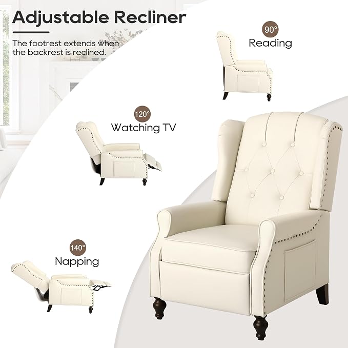 Wingback Recliner Chair with Massage and Heat, Tufted PU Leather Push Back Arm Chair for Living Room Vintage Recliner Chair with Remote Control, Padded Cushion, Backrest (Beige-pu)