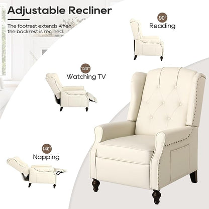 Wingback Recliner Chair with Massage and Heat, Tufted PU Leather Push Back Arm Chair for Living Room Vintage Recliner Chair with Remote Control, Padded Cushion, Backrest (Beige-pu)