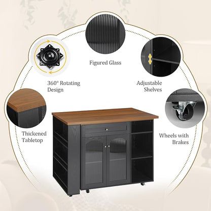 LYNCOHOME 71.1" Rolling Kitchen Island with 360° Rotating Tabletop, Mobile Lockable Wheels & Adjustable Shelves, Multifunctional Storage Cart for Kitchen & Dining（Black）