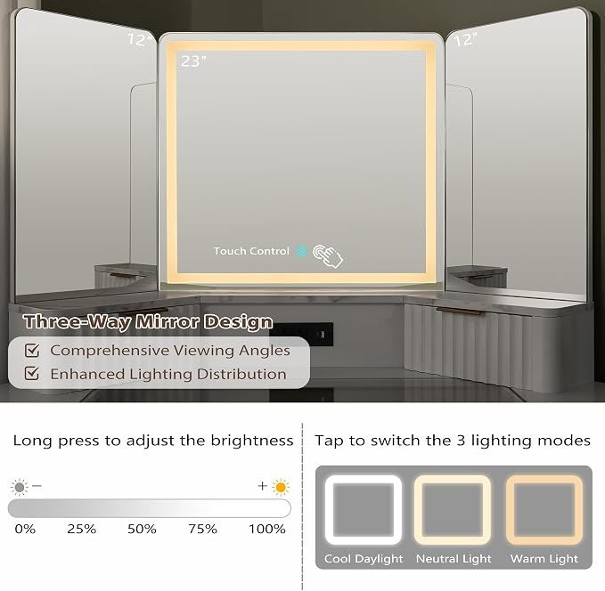 T4TREAM Fluted Makeup Vanity Desk with 3 Way Mirror and Lights, 48" Large Corner Vanity Table with Glass Top, Charging Station, 3 Drawers, Storage Cabinets & Shelves, for Bedroom, Solid White