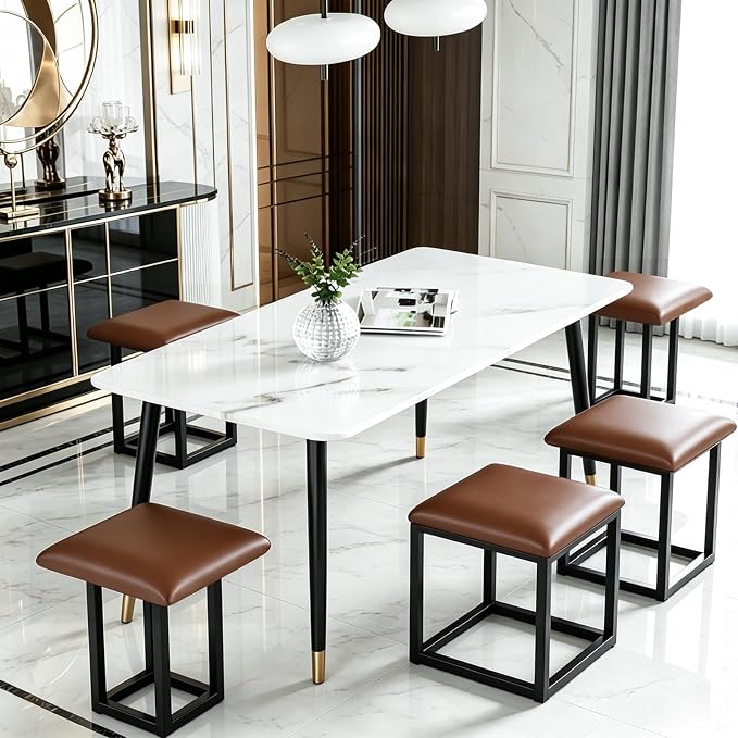 5 in 1 Nesting Ottoman Cube Chair, Stackable Stools, Leather Square Ottoman Bench, Foot Stool with Wheels for Living Room,Dining Room 15.75x15.75x16.54 inches