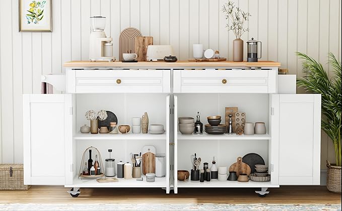 JassmiPkwy 67’’ Movable Kitchen Island with Drop Leaf and Power Outlet, Lockable Sliding Countertop Rolling Island Cart with 2 Large Drawers, Spice, Towel Rack,White