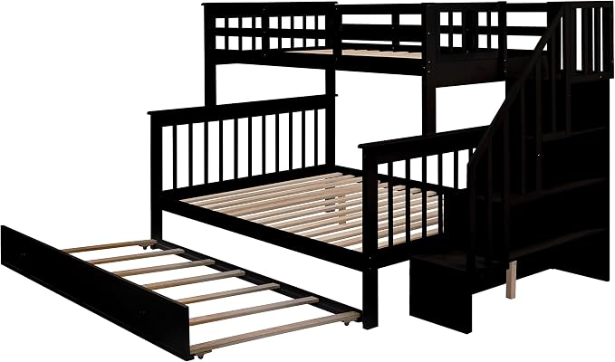 MERITLINE Twin Over Full Bunk Bed with Trundle, Storage Staircase,Solid Wood Bunk Bed with Stairs Box and Guardrail, No Spring Box Needed (Espresso &Trundle,Twin Over Full)
