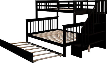 MERITLINE Twin Over Full Bunk Bed with Trundle, Storage Staircase,Solid Wood Bunk Bed with Stairs Box and Guardrail, No Spring Box Needed (Espresso &Trundle,Twin Over Full)