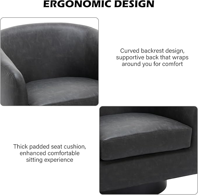 Swivel Barrel Accent Chair, Modern Round Faux Leather Arm Chair for Living Room, Bedroom, Comfy Club Reading Chairs for Adults(Faux Leather, Black, Set of 4)