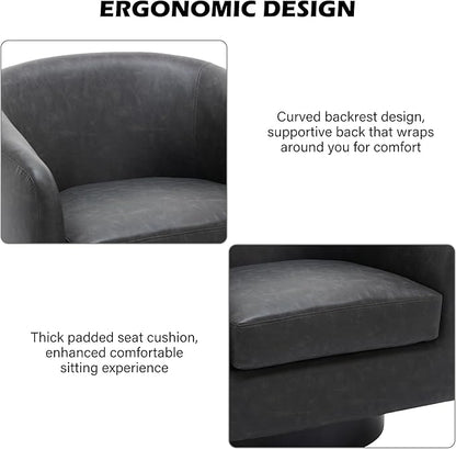 Swivel Barrel Accent Chair, Modern Round Faux Leather Arm Chair for Living Room, Bedroom, Comfy Club Reading Chairs for Adults(Faux Leather, Black, Set of 4)
