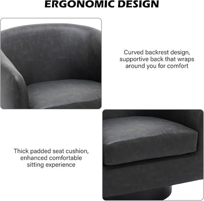 Swivel Barrel Accent Chair, Modern Round Faux Leather Arm Chair for Living Room, Bedroom, Comfy Club Reading Chairs for Adults(Faux Leather, Black Grey, Set of 2)