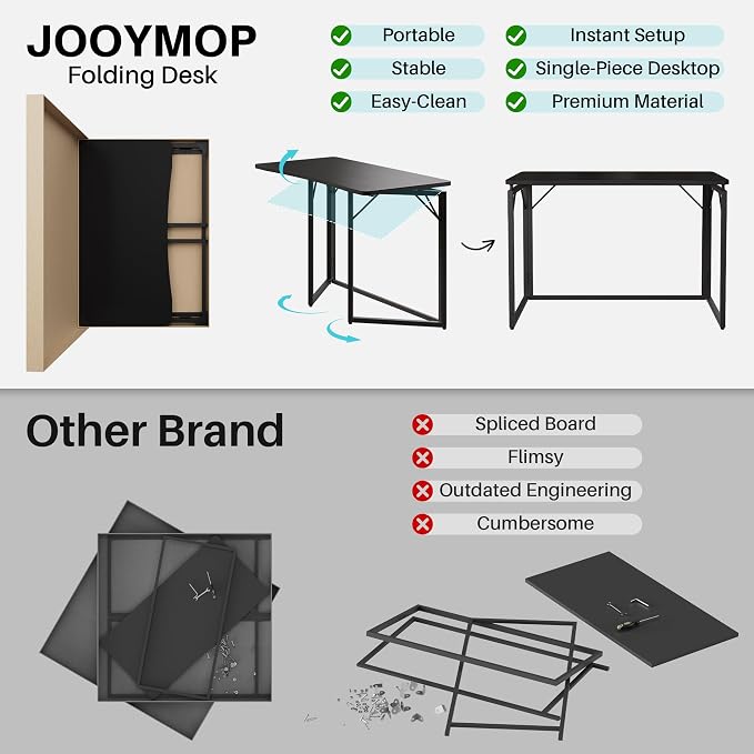 JOYMOOP Black 47.2" Folding Desk, No Assembly Small Foldable Desk for Home, Office, Wooden Top Folding Computer Desk for Working, Writing, Studying - Large Size