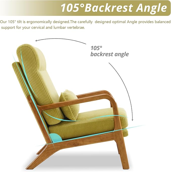 Karl home Accent Chair High Back Mid-Century Modern, Green | Corduroy Upholstered, Walnut Color Solid Rubber Wood Frame, Soft Cushion with Pillow, For Living Room, Bedroom, Balcony