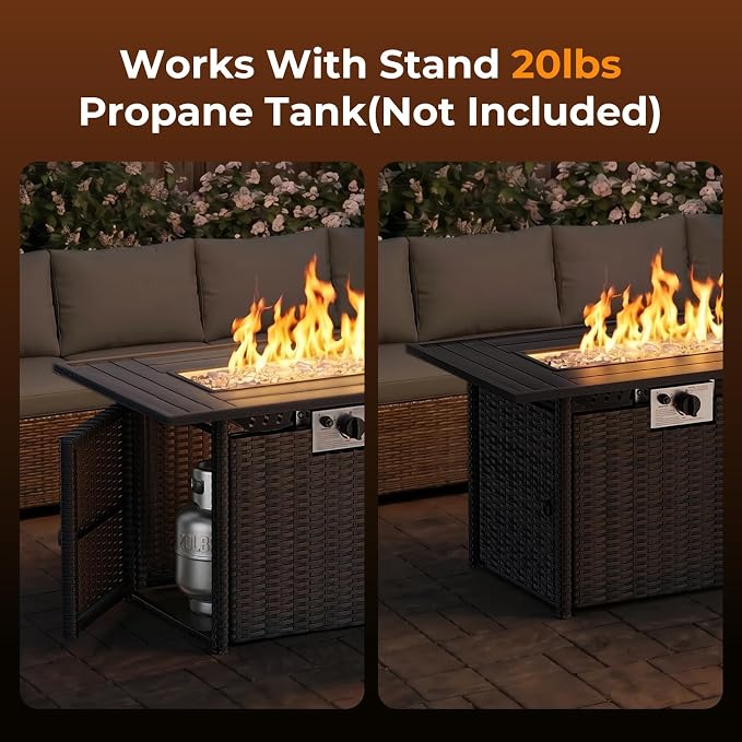 LAFWELL 8-Piece Wicker Patio Conversation Set with 44" Propane Fire Pit Table, Cozy Outdoor Sectional Sofa for Backyard Gatherings, Poolside Lounging & Garden Parties