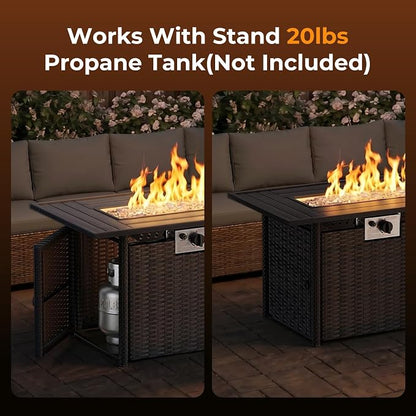 LAFWELL 8-Piece Wicker Patio Conversation Set with 44" Propane Fire Pit Table, Cozy Outdoor Sectional Sofa for Backyard Gatherings, Poolside Lounging & Garden Parties