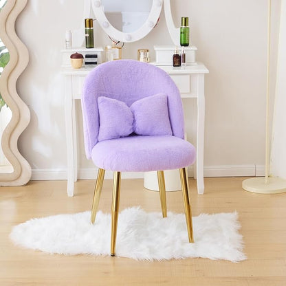 VINGLI Fluffy Girls Vanity Chair with Back & Pillow,Cute Small Cozy Desk Chair No Wheels,Comfy Makeup Ch with Ajustable Gold Legs,for Bedroom,Living Room,Small Space,Purple
