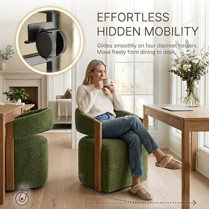 KISLOT Upholstered Dining Chairs Set of 1, Modern Wooden Arm Kitchen & Dining Room Chairs with Hidden Casters, Fabric Padded Rolling Chairs, Sturdy Wood Frame, 300 lbs Capacity, Green