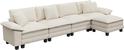 PHI VILLA Cloud Modular Couch Sets, 157.5" Oversized Sectional Sofa with L-Shaped Chaise, 5-Seater Upholstered Couches with Movable Ottoman for Living Room, Corduroy Beige