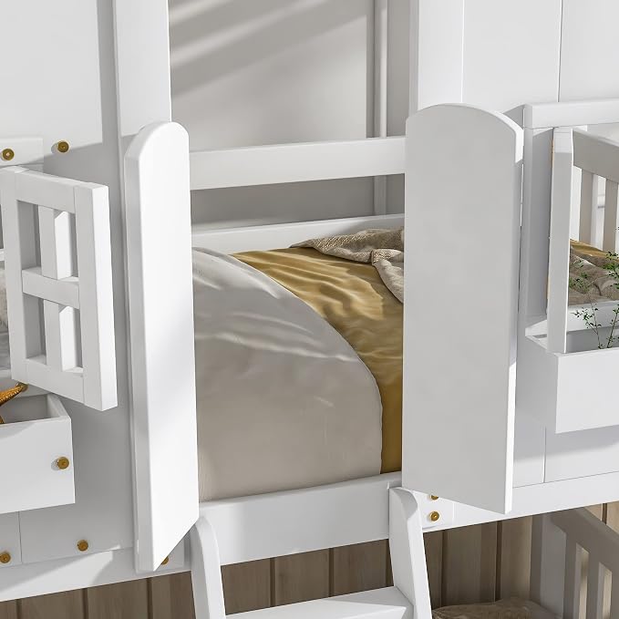 Twin over Twin House Bunk Bed with Roof,Windows,Door,Window Boxes,Safety Guardrails & Ladder,Pine Wood Frame,Low-Height Kids Bunk Beds for Bedrooms,Playful Loft Bed with Easy Assembly, White