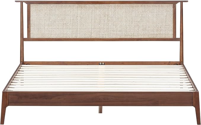 NTC Ruby Wooden Bed Frame with Headboard and Natural Rattan, Solid Oak/Rubber Wood Foundation with Silent Slats, 1000 Lb Capacity, Effortless Assembly (Natural Cane - Dark Walnut, King)