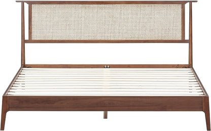 NTC Ruby Wooden Bed Frame with Headboard and Natural Rattan, Solid Oak/Rubber Wood Foundation with Silent Slats, 1000 Lb Capacity, Effortless Assembly (Natural Cane - Dark Walnut, King)